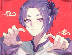 Rule 34 | 1boy, blue lock, chinese clothes, closed mouth, hair ornament, hands up, highres, koumimi, long sleeves, looking at viewer, male focus, mikage reo, portrait, purple eyes, purple hair, red background, shirt, short eyebrows, short hair, smile, solo, white shirt
