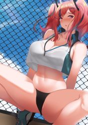 Rule 34 | 1girl, :o, absurdres, azur lane, bare shoulders, black panties, blush, breasts, bremerton (azur lane), bremerton (scorching-hot training) (azur lane), cameltoe, chain-link fence, cleavage, collarbone, collared shirt, crop top, crop top overhang, day, fence, hair intakes, hair ornament, hairclip, head tilt, highres, large breasts, long hair, looking at viewer, mole, mole on breast, mole under eye, multicolored hair, navel, no pants, nose blush, panties, pink eyes, pink hair, shirt, shoes, sky, sleeveless, sleeveless shirt, sneakers, sportswear, spread legs, squatting, stomach, streaked hair, sweatdrop, tennis uniform, thighs, tiptoes, twintails, two-tone shirt, underwear, vitotraps, x hair ornament