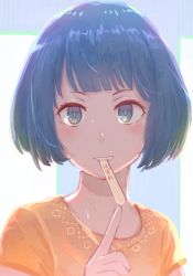 Rule 34 | 1girl, blue eyes, blue hair, blush, bob cut, index finger raised, looking at viewer, mouth hold, orange shirt, original, popsicle stick, shirt, short hair, short sleeves, simple background, solo, sweat, tomamatto, upper body