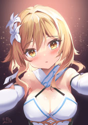 Rule 34 | 1girl, armpits, bare shoulders, blonde hair, breasts, cleavage, detached sleeves, dress, flower, genshin impact, hair flower, hair ornament, halter dress, halterneck, head tilt, highres, looking at viewer, lumine (genshin impact), medium breasts, mystic-san, orange eyes, outstretched arms, parted lips, short hair, solo, upper body, white dress