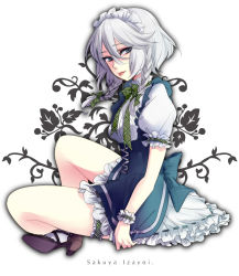 Rule 34 | 1girl, :p, bad id, bad pixiv id, blue eyes, bow, braid, embellished costume, female focus, frills, hair bow, high heels, inko (mini), izayoi sakuya, bridal garter, looking at viewer, maid, maid headdress, shoes, short hair, silver hair, sitting, solo, strappy heels, tongue, tongue out, touhou, twin braids, wrist cuffs