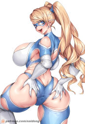Rule 34 | 1girl, armpits, ass, ass cutout, ass grab, blonde hair, breasts, cleavage cutout, clothing cutout, deep skin, detached sleeves, earrings, gloves, grabbing own ass, highres, huge ass, huge breasts, jewelry, looking at viewer, looking back, mask, naidong (artist), rainbow mika, revealing clothes, street fighter, twintails