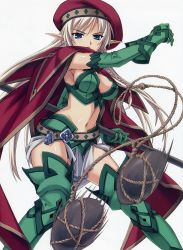 Rule 34 | &gt;:o, 1girl, :o, alleyne (queen&#039;s blade), alleyne (queen's blade), armpits, beret, blue hair, boots, braid, breasts, bustier, cape, cowboy shot, elbow gloves, elf, fighting master alleyne, gloves, green footwear, green gloves, hat, holding, holding weapon, incoming attack, lasso, long hair, looking at viewer, matsuryuu, medium breasts, midriff, navel, open mouth, pointy ears, queen&#039;s blade, red cape, side braid, silver hair, solo, stomach, thigh boots, thighhighs, v-shaped eyebrows, very long hair, weapon
