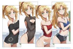Rule 34 | 1girl, alternate costume, alternate hairstyle, ass, back, bare shoulders, blonde hair, braid, breasts, camisole, carton, collarbone, confused, dolphin shorts, fate/apocrypha, fate (series), french braid, glasses, green eyes, grey shorts, hair ornament, hair scrunchie, jewelry, licking lips, long hair, looking at viewer, midriff, mordred (fate), mordred (fate/apocrypha), multiple views, navel, necklace, off shoulder, panties, ponytail, red camisole, refrigerator, revision, scrunchie, semi-rimless eyewear, short shorts, shorts, side-tie panties, sidelocks, small breasts, swimsuit, tonee, tongue, tongue out, translated, underwear, white panties