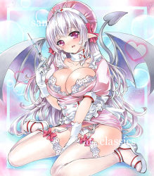 Rule 34 | 1girl, artist name, at classics, between legs, blush, bow, bow panties, breasts, cleavage, cross, demon girl, demon tail, demon wings, dress, fang, full body, garter straps, gloves, hand between legs, hat, heart, high heels, holding, large breasts, long hair, looking at viewer, nurse, nurse cap, open mouth, original, panties, pink bow, pink dress, pointy ears, puffy short sleeves, puffy sleeves, purple eyes, red cross, sample watermark, sandals, sash, short sleeves, sidelocks, sitting, solo, syringe, tail, thighhighs, traditional media, underwear, very long hair, wariza, watermark, white gloves, white hair, white panties, white thighhighs, wings