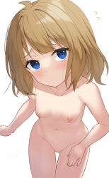 Rule 34 | ahoge, binsen, blue eyes, blush, breasts, brown hair, closed mouth, collarbone, flying sweatdrops, from above, groin, head tilt, highres, idolmaster, idolmaster million live!, looking at viewer, looking up, navel, nipples, nude, simple background, small breasts, suou momoko, white background