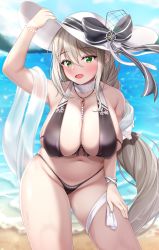 Rule 34 | 1girl, absurdres, aquila (azur lane), azur lane, bare shoulders, between breasts, bikini, black bikini, blush, bracelet, breasts, cameltoe, choker, cleavage, collarbone, cowboy shot, green eyes, hair between eyes, hand on headwear, hand on own leg, hat, highres, jewelry, large breasts, lomocya, looking at viewer, navel, necklace, official alternate costume, open mouth, outdoors, sideboob, silver hair, smile, solo, standing, sun hat, swimsuit, thigh strap, water, white hat, white neckwear