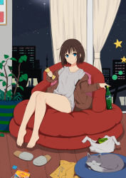 Rule 34 | 1girl, ahoge, bad id, bad pixiv id, bare legs, barefoot, blue eyes, breasts, brown hair, brown jacket, candy, cat, collarbone, commentary, food, grey shirt, highres, indoors, jacket, l.tea, looking at viewer, night, original, plant, shirt, short hair, shorts, unworn shorts, sitting, sky, small breasts, smile, sprite, star (sky), starry sky, yellow shorts