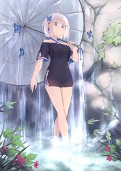 Rule 34 | 1girl, animal, bad id, bad pixiv id, bare legs, bare shoulders, bikini, bikini under clothes, black dress, blue bikini, blue eyes, blunt bangs, blush, breasts, bug, butterfly, butterfly hair ornament, closed mouth, collarbone, commentary request, criss-cross halter, crossed legs, day, dress, female focus, flower, from below, full body, grey umbrella, hair ornament, halterneck, highres, holding, holding umbrella, insect, jilu, legs, looking at viewer, looking down, medium breasts, neck, off-shoulder dress, off shoulder, original, outdoors, plant, red flower, rock, serious, short dress, short hair, short sleeves, side-tie bikini bottom, soaking feet, solo, standing, swimsuit, umbrella, wading, water, waterfall, watson cross, white hair