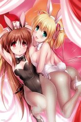Rule 34 | 2girls, :d, ahoge, alternate costume, animal ears, aqua eyes, armpits, arms up, ass, back, bare shoulders, black bow, black bowtie, black leotard, blonde hair, blush, bow, bowtie, breast press, breasts, brown hair, collar, commentary request, curtains, detached collar, eyelashes, eyes visible through hair, fake animal ears, fake tail, fishnet pantyhose, fishnets, from above, hair between eyes, hair ornament, hair ribbon, heart, heart-shaped pillow, high heels, kamikita komari, knee up, leotard, little busters!, long hair, looking at viewer, looking up, lying, medium breasts, medium hair, multiple girls, natsume rin, on back, on bed, on stomach, open mouth, own hands together, pantyhose, pillow, playboy bunny, ponytail, rabbit ears, rabbit tail, red eyes, red ribbon, ribbon, second-party source, sidelocks, small breasts, smile, sparkle, spiked hair, star (symbol), star hair ornament, strapless, strapless leotard, tail, the pose, thighs, two side up, very long hair, white bow, white bowtie, white collar, white leotard, white wrist cuffs, wrist cuffs, zen (kamuro)
