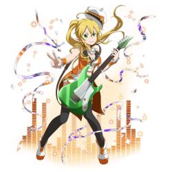 Rule 34 | 1girl, black thighhighs, blonde hair, breasts, cleavage, floating hair, full body, green eyes, grin, guitar, hair between eyes, hat, holding, holding instrument, instrument, leafa, long hair, looking at viewer, medium breasts, orange shorts, outstretched arm, pointy ears, ponytail, short shorts, shorts, simple background, sleeveless, smile, solo, standing, sword art online, sword art online: memory defrag, thighhighs, v, very long hair, white background, white hat, wrist cuffs, zettai ryouiki
