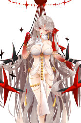 Rule 34 | 1girl, absurdres, armlet, bare shoulders, belly chain, blush, body markings, bracelet, breasts, cleavage, collarbone, colored skin, durga (fate), earrings, facial mark, fate/grand order, fate (series), forehead mark, gradient skin, grey hair, hair ribbon, highres, jewelry, large breasts, long hair, looking at viewer, open mouth, oriuo q, pelvic curtain, red eyes, red skin, revealing clothes, ribbon, sash, simple background, snake, solo, thighs, thumb ring, very long hair, white background