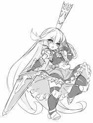 Rule 34 | 1girl, arm shield, armor, blush, breastplate, charlotta (granblue fantasy), crown, dress, elbow gloves, frilled dress, frills, full body, gloves, granblue fantasy, greyscale, hair between eyes, harvin, holding, holding sword, holding weapon, karukan (monjya), long hair, mini crown, monochrome, open mouth, pointy ears, puffy short sleeves, puffy sleeves, short sleeves, simple background, sketch, solo, standing, standing on one leg, sword, thighhighs, v-shaped eyebrows, very long hair, weapon, white background