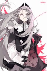 Rule 34 | 1girl, 2022, arknights, black dress, black gloves, character name, commentary request, dress, earrings, floating hair, gloves, grey background, grey eyes, grey hair, highres, irene (arknights), jewelry, long hair, long sleeves, looking at viewer, own hands together, parted lips, pekopeco, puffy long sleeves, puffy sleeves, simple background, solo, very long hair