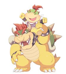 Rule 34 | 2boys, :d, ^ ^, arm up, armlet, arms up, bandana, black collar, blush, bowser, bowser jr., bracelet, claws, closed eyes, collar, fang, father and son, full body, happy, horns, hoshikuzu pan, jewelry, male focus, mario (series), multiple boys, nintendo, no humans, on shoulder, open mouth, red hair, sharp teeth, shell, simple background, smile, spiked armlet, spiked bracelet, spiked collar, spiked shell, spiked tail, spikes, standing, tail, teeth, tongue, white background, white bandana