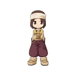Rule 34 | 1boy, :|, backpack, bag, black vest, boots, brown eyes, brown footwear, brown gloves, brown hair, brown pants, brown shirt, chibi, closed mouth, crossed arms, expressionless, full body, gloves, headband, long sleeves, looking at viewer, male focus, medium bangs, merchant (ragnarok online), official art, open clothes, open vest, pants, ragnarok online, shirt, short hair, simple background, solo, standing, tachi-e, transparent background, vest, white bag, white headband, yuichirou