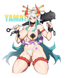 Rule 34 | 1girl, abs, absurdres, aqua hair, aqua nails, arm strap, bare shoulders, black-framed eyewear, breasts, character name, clenched hand, club, club (weapon), collarbone, commentary, cowboy shot, cropped legs, cuffs, earrings, fundoshi, gold earrings, gradient hair, hair ornament, hair stick, hands up, hanenosaki, high ponytail, highres, holding club, holding weapon, hoop earrings, horns, japanese clothes, jewelry, large breasts, long hair, looking at viewer, multicolored hair, muscular, muscular female, nail polish, navel, nipple piercing, nipple rings, one piece, orange eyes, orange horns, over shoulder, panties, pasties, piercing, piercing through clothes, rope, shackles, shimenawa, sidelocks, simple background, smile, solo, spiked club, tassel, thick thighs, thigh strap, thighs, two-tone hair, underwear, very long hair, weapon, weapon over shoulder, white background, white panties, yamato (one piece)