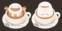 Rule 34 | blush, brown background, coffee, coffee mug, commentary, creatures (company), cup, evolutionary line, food, food focus, game freak, gen 2 pokemon, in food, latte art, mug, muted color, nintendo, no humans, plate, pokemon, pokemon (creature), quagsire, rizu (rizunm), sepia, simple background, smile, spoon, symbol-only commentary, wooper