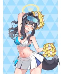Rule 34 | 1girl, absurdres, animal ears, argyle, argyle background, argyle clothes, arm up, armpits, bare shoulders, black hair, blue archive, blue background, blue eyes, blush, breasts, cheerleader, cleavage, cowboy shot, crop top, dog ears, dog girl, dog tail, dorymin, embarrassed, eyewear on head, goggles, goggles on head, halo, hibiki (blue archive), hibiki (cheer squad) (blue archive), highres, holding, holding pom poms, long hair, looking at viewer, medium breasts, midriff, millennium cheerleader outfit (blue archive), miniskirt, multicolored hair, navel, open mouth, pleated skirt, pom pom (cheerleading), pom poms, skirt, sleeveless, solo, sticker on face, sweat, tail, white skirt