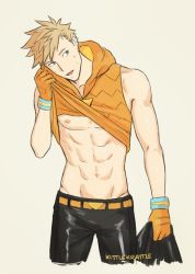 Rule 34 | 10s, 1boy, abs, belt, blonde hair, blue eyes, clothes lift, cowboy shot, creatures (company), game freak, gloves, grey background, groin, hood, hoodie, kittlekrattle, leaning forward, male focus, muscular, navel, nintendo, nipples, orange gloves, parted lips, pokemon, pokemon go, shirt lift, simple background, sleeveless, sleeveless hoodie, solo, spark (pokemon), spiked hair, sweat