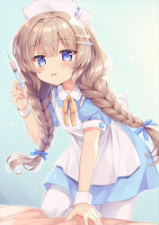 Rule 34 | 1girl, apron, arm support, blue bow, blue dress, blue eyes, blush, bow, braid, collared dress, commentary request, dress, hair between eyes, hair bow, hair ornament, hairclip, hat, holding, holding syringe, long hair, looking at viewer, natsuki marina, nurse, nurse cap, on one knee, original, pantyhose, parted lips, puffy short sleeves, puffy sleeves, short sleeves, smile, solo, syringe, twin braids, twintails, very long hair, white apron, white hat, white pantyhose