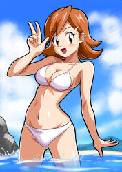 Rule 34 | 1girl, bikini, blue sky, blush, breasts, brown eyes, brown hair, cleavage, collarbone, cowboy shot, creatures (company), game freak, kohta (my page), looking at viewer, medium breasts, nintendo, npc trainer, ocean, open mouth, partially submerged, pokemon, pokemon rse, rock, sand, sky, smile, solo, swimmer (pokemon), swimsuit, w, water, white bikini