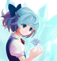 Rule 34 | 1girl, aozora-c, bad id, bad pixiv id, blue eyes, blue hair, bow, character name, cirno, hair bow, ice, ice flower, matching hair/eyes, ribbon, short hair, smile, solo, touhou