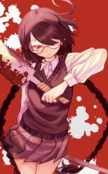 Rule 34 | 1girl, ahoge, black skirt, black sweater vest, blood, bloody weapon, braid, closed mouth, collared shirt, funamusea, glasses, hair over one eye, highres, holding, holding weapon, irota, katagiri mikari (funamusea), long hair, looking at viewer, partially shaded face, pleated skirt, red background, red eyes, round eyewear, saw, saw cleaver, shirt, skirt, solo, sweater vest, twin braids, weapon, white background, white shirt