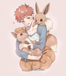 Rule 34 | 1boy, :d, animal ears, bad id, bad twitter id, blue shirt, collarbone, commentary request, creatures (company), crossed legs, eevee, emiya shirou, fate/stay night, fate (series), game freak, gen 1 pokemon, heart, highres, holding, holding pokemon, looking at another, male focus, multicolored shirt, multiple tails, nintendo, none (kameko227), on shoulder, open mouth, pokemon, pokemon (creature), red hair, shadow, shirt, short hair, smile, solo, tail, vulpix, white shirt, yellow eyes