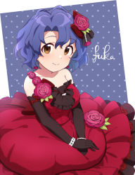 bare_shoulders black_gloves blue_background blue_hair breasts brown_eyes character_name collarbone dress elbow_gloves flower gloves hair_between_eyes hair_flower hair_ornament highres idol idolmaster idolmaster_million_live! large_breasts layered_dress polka_dot polka_dot_background red_dress red_flower red_rose rose short_hair sitting sleeveless solo tahara_emu toyokawa_fuka wavy_hair