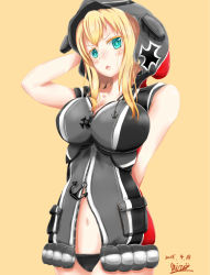 Rule 34 | 10s, 1girl, adapted costume, aqua eyes, arm behind back, bismarck (kancolle), black panties, blonde hair, breasts, chestnut mouth, cleavage, clothing cutout, colorized, female focus, hand on own head, highres, hood, hoodie, jacket, kantai collection, large breasts, miro (na mi da iro), navel, navel cutout, panties, simple background, sleeveless, sleeveless hoodie, solo, track jacket, underwear, yellow background