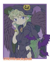 Rule 34 | 1girl, blonde hair, blue eyes, breasts, breath of fire, breath of fire ii, closed mouth, dress, feathered wings, halloween, hat, jewelry, long hair, looking at viewer, medium breasts, nina (breath of fire ii), sicky (pit-bull), solo, wings, witch hat