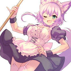 Rule 34 | 1girl, animal ear fluff, animal ears, apron, broom, cat ears, cat girl, cat tail, dress, fang, garter belt, green eyes, hand on own hip, highres, maid, maid apron, maid headdress, nyama, one eye closed, open mouth, purple hair, ruhuyu (show by rock!!), short sleeves, show by rock!!, smile, tail, thighhighs