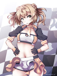 Rule 34 | 1girl, 547th sy, bandeau, black gloves, breasts, checkered flag, clothes lift, cosplay, cropped jacket, double bun, flag, gloves, hair bun, highres, jacket, kantai collection, light brown hair, michishio (kancolle), multicolored clothes, multicolored jacket, natsugumo (kancolle), natsugumo (kancolle) (cosplay), orange bandeau, orange gloves, orange skirt, race queen, short twintails, skirt, skirt lift, small breasts, solo, twintails, two-tone bandeau, two-tone skirt, white bandeau, wind, wind lift, yellow eyes