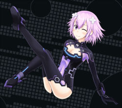 Rule 34 | 1girl, ass, black thighhighs, blush, boots, breasts, cleavage cutout, clothing cutout, cosplay, covered navel, d-pad, halcyon (halcyon90), highres, leg up, leotard, navel, neptune (neptunia), neptune (series), one eye closed, purple eyes, purple hair, purple heart (neptunia), purple heart (neptunia) (cosplay), short hair, small breasts, smile, solo, thigh boots, thighhighs