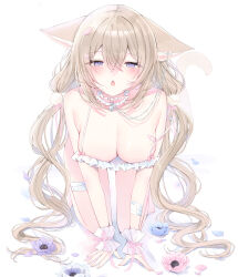 Rule 34 | 1girl, absurdres, all fours, animal ear fluff, animal ears, bandaid, bandaid on breast, bandaid on leg, barefoot, blonde hair, blush, breasts, camisole, cat ears, choker, cleavage, commentary, double-parted bangs, ears down, frilled camisole, frilled choker, frills, hair between eyes, hair ornament, highres, large breasts, looking at viewer, low twintails, open mouth, original, pom pom (clothes), pom pom hair ornament, purple eyes, solo, strap slip, tsuyuri eri, twintails, white camisole, wrist wrap