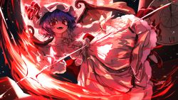 Rule 34 | 1girl, back bow, bat wings, blue hair, bow, clock, clock tower, commentary request, dress, fangs, flying, frills, fuji tarawi, full body, hat, hat ribbon, highres, long sleeves, looking at viewer, mob cap, moon, nail polish, night, open mouth, outdoors, pink dress, pink hat, pointing, red bow, red eyes, red footwear, red moon, red nails, red ribbon, remilia scarlet, ribbon, scarlet devil mansion, short hair, sky, slit pupils, smile, solo, star (sky), starry sky, touhou, tower, vampire, white legwear, wings