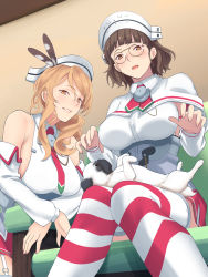 Rule 34 | 2girls, blonde hair, blunt bangs, breasts, brown eyes, brown hair, capelet, commentary request, commission, couch, detached sleeves, dog, eyewear strap, garter straps, glasses, headdress, highres, kantai collection, large breasts, lips, littorio (kancolle), long hair, multiple girls, necktie, pince-nez, pleated skirt, ponytail, pug, red skirt, roma (kancolle), shingyou (alexander-13), shirt, sitting, skirt, sleeveless, sleeveless shirt, thighhighs, wavy hair