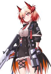 Rule 34 | 1girl, animal ears, arknights, bird ears, black gloves, black skirt, breasts, bright pupils, collared shirt, cowboy shot, dual wielding, fiammetta (arknights), frilled skirt, frills, gloves, gun, high-waist skirt, highres, holding, holding gun, holding weapon, necktie, red eyes, red gloves, red hair, red necktie, shirt, short hair, simple background, skirt, sleeves past elbows, small breasts, solo, v-shaped eyebrows, weapon, white background, white pupils, white shirt, yachima tana
