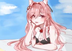 Rule 34 | 1girl, animal ears, arknights, bare arms, bare shoulders, blue sky, braid, breasts, chinese commentary, cleavage, cloud, collarbone, commentary request, day, hair between eyes, hair intakes, hair ornament, hand up, head rest, large breasts, liufeng, long hair, looking at viewer, lying, on stomach, outdoors, parted lips, partial commentary, pink eyes, pink hair, pozyomka (arknights), single braid, sky, smile, solo, wolf ears