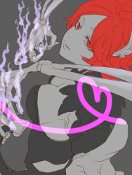 Rule 34 | 10s, 1girl, breasts, cleavage, fire, granblue fantasy, grey background, heart, heart of string, lady grey, mature female, miwayama, parted lips, red eyes, red hair, short hair, simple background, skeleton, smile, solo, spot color, upper body