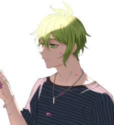 Rule 34 | 1boy, amami rantaro, antenna hair, bad id, bad twitter id, bracelet, closed mouth, commentary request, danganronpa (series), danganronpa v3: killing harmony, facing to the side, green eyes, green hair, hair between eyes, hand up, jewelry, male focus, meipoi, necklace, petals, ring, shirt, short hair, simple background, solo, striped clothes, striped shirt, thumb ring, upper body, white background