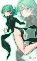 Rule 34 | 1girl, absurdres, ass, aura, black dress, closed mouth, curly hair, dress, flipped hair, floating, floating clothes, green eyes, green hair, high heels, highres, levitation, looking at viewer, looking back, maydaykiki, medium hair, one-punch man, side slit, solo, tatsumaki