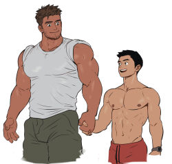 Rule 34 | 2boys, bara, bare arms, beard, bulge, chest hair, cropped legs, dark-skinned male, dark skin, facial hair, highres, holding hands, ken (suyohara), kuma (suyohara), large pectorals, long sideburns, male focus, mature male, multiple boys, muscular, muscular male, original, pectorals, shirt, short hair, sideburns, size difference, smile, stubble, suyohara, thick eyebrows, tied sleeves, white shirt, yaoi