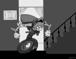 Rule 34 | 1girl, :q, absurdres, bloody marie (skullgirls), female focus, greyscale, highres, indoors, mark1019, monochrome, peacock (skullgirls), picture frame, running, skullgirls, solo, stairs, tongue, tongue out, window