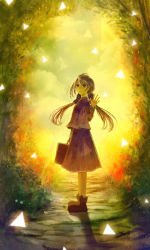Rule 34 | 1girl, ahoge, bag, boots, brown eyes, brown hair, closed mouth, commentary request, fantasy, from side, full body, glowing, hand up, highres, holding, holding bag, light smile, long hair, long sleeves, looking at viewer, magic, original, outdoors, purple shirt, purple skirt, road, sakimori (hououbds), shirt, skirt, solo, standing, waving