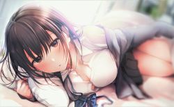 Rule 34 | 1girl, bed, bed sheet, black skirt, blue bow, blue bowtie, blurry, blurry background, bow, bowtie, breasts, brown eyes, brown hair, cleavage, collarbone, collared shirt, commentary, depth of field, grey jacket, highres, indoors, jacket, kirisawa saki, legs, looking at viewer, lying, medium breasts, medium hair, on bed, on side, original, parted lips, pillow, pleated skirt, pov across bed, school uniform, shirt, skirt, solo, thighs, undone bowtie, uniform, unworn bowtie, unworn neckwear, unworn skirt, white shirt
