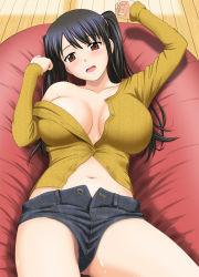 Rule 34 | 1girl, bean bag chair, black hair, breasts, brown eyes, denim, denim shorts, highres, large breasts, long hair, looking at viewer, navel, open mouth, original, satou chagashi, short shorts, shorts, solo, thighs, twintails