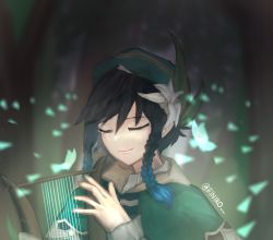 Rule 34 | 1boy, androgynous, beret, black hair, blue hair, blurry, blurry background, bow, braid, cape, closed eyes, closed mouth, collared cape, flower, forest, frilled sleeves, frills, genshin impact, gradient hair, green hat, hair flower, hair ornament, hat, highres, holding, holding instrument, instrument, leaf, long sleeves, lyre, male focus, multicolored hair, nature, night, riniko, shirt, short hair with long locks, smile, solo, twin braids, venti (genshin impact), white flower, white shirt