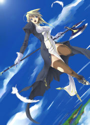 Rule 34 | 1girl, blonde hair, blue eyes, blue sky, cloud, cloudy sky, day, elf, fantasy, feathers, female focus, full body, halberd, highres, hino akira, looking at viewer, open mouth, outdoors, pointy ears, polearm, sky, solo, thighhighs, weapon